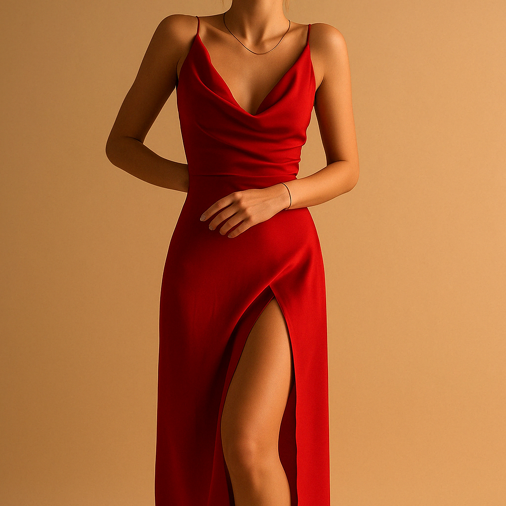 Elegant V-neck maxi dress for women with flowing fit and back zipper, perfect for weddings, galas, and formal events.