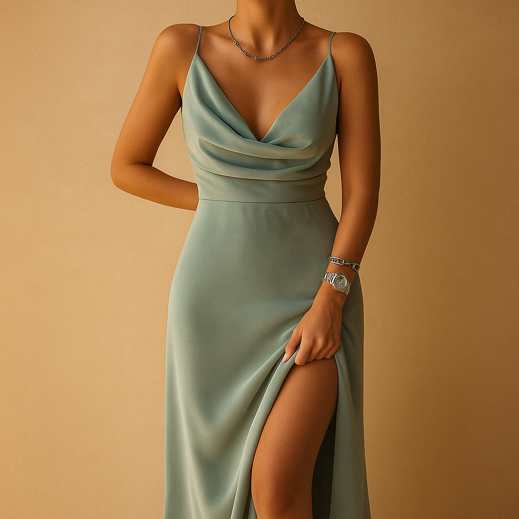 Elegant V-neck maxi dress for women with flowing fit and back zipper, perfect for weddings, galas, and formal events.