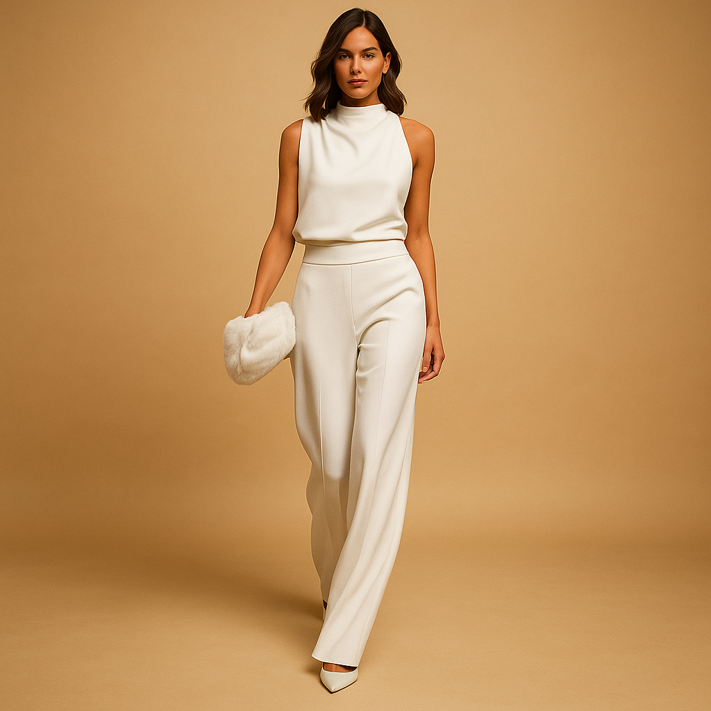 Elegant halter jumpsuit for women with high waist, wide-leg design, and decorative bow, perfect for dinners and festive occasions.