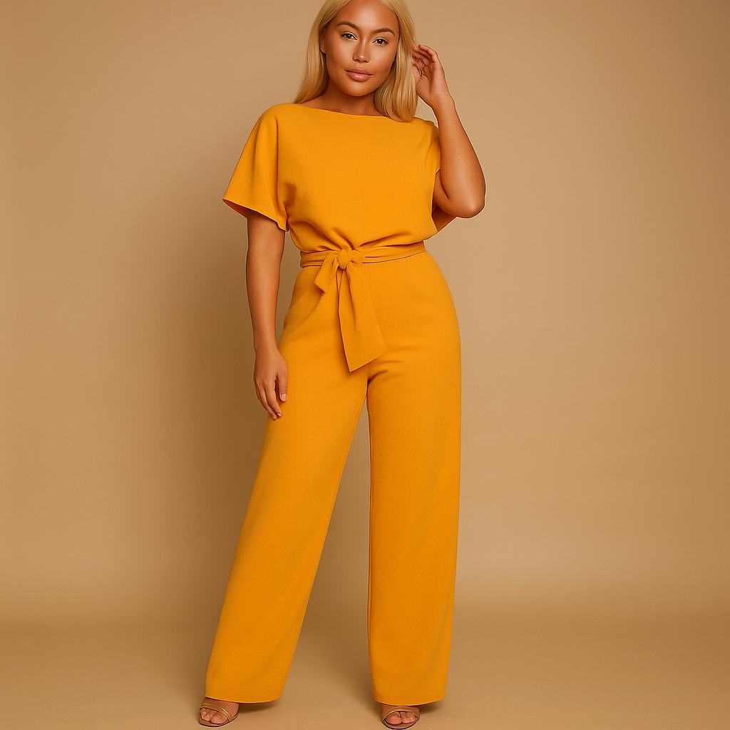 High-waist jumpsuit with lace detail for women featuring a tailored fit and flowing design, perfect for work and chic occasions.