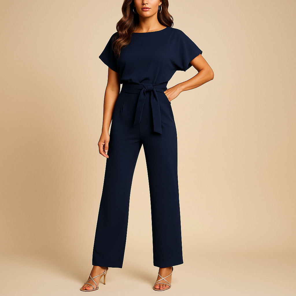 High-waist jumpsuit with lace detail for women featuring a tailored fit and flowing design, perfect for work and chic occasions.