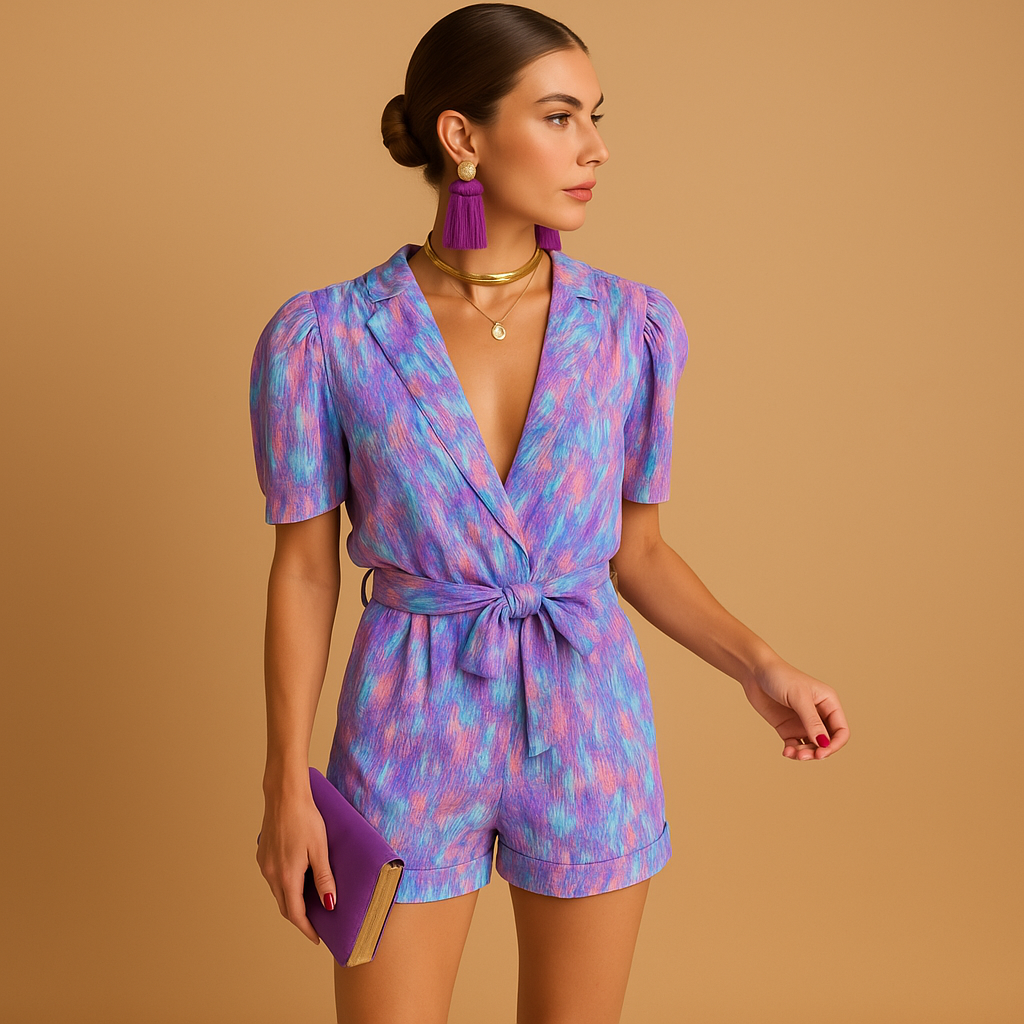 Short printed jumpsuit for women with waist belt and playful summer design, perfect for warm days and evening outings.