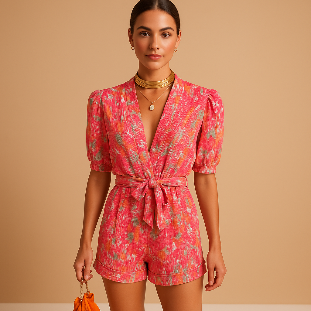 Short printed jumpsuit for women with waist belt and playful summer design, perfect for warm days and evening outings.