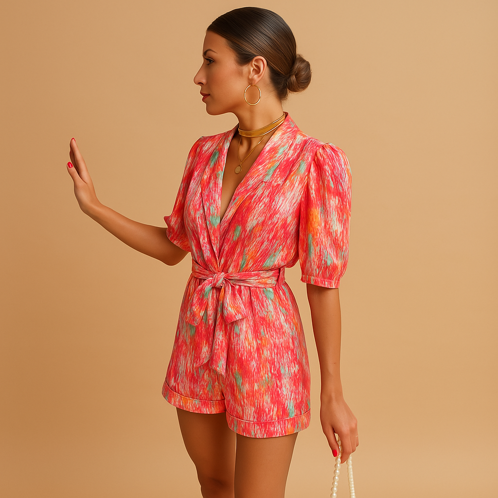 Short printed jumpsuit for women with waist belt and playful summer design, perfect for warm days and evening outings.