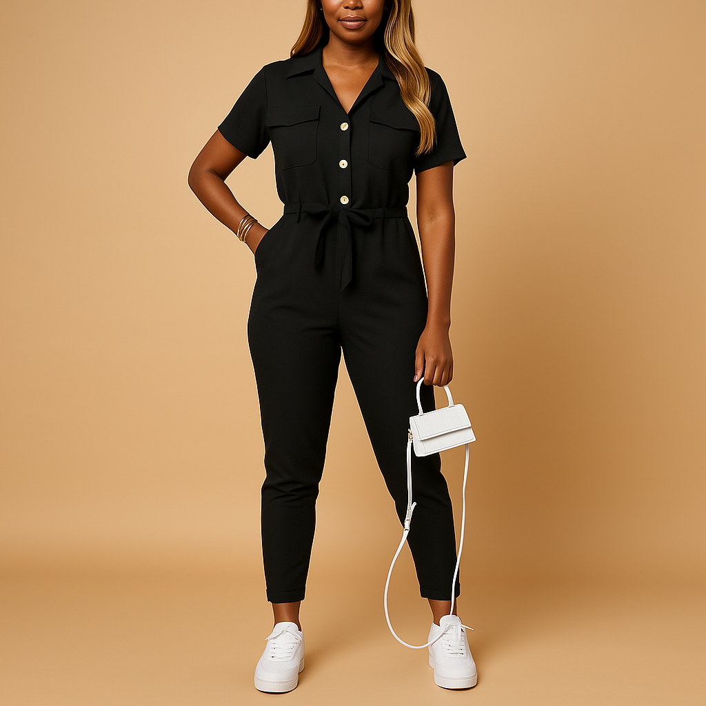 Tailored jumpsuit for women with flattering silhouette and button closure, perfect for work, social events, and dinners.