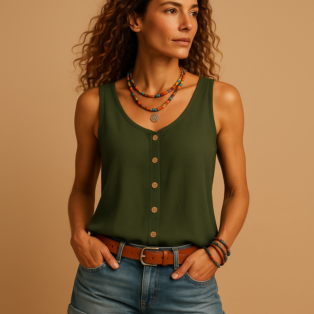 Sleeveless V-neck summer top for women with loose fit and vibrant colors, perfect for warm days and casual wear.