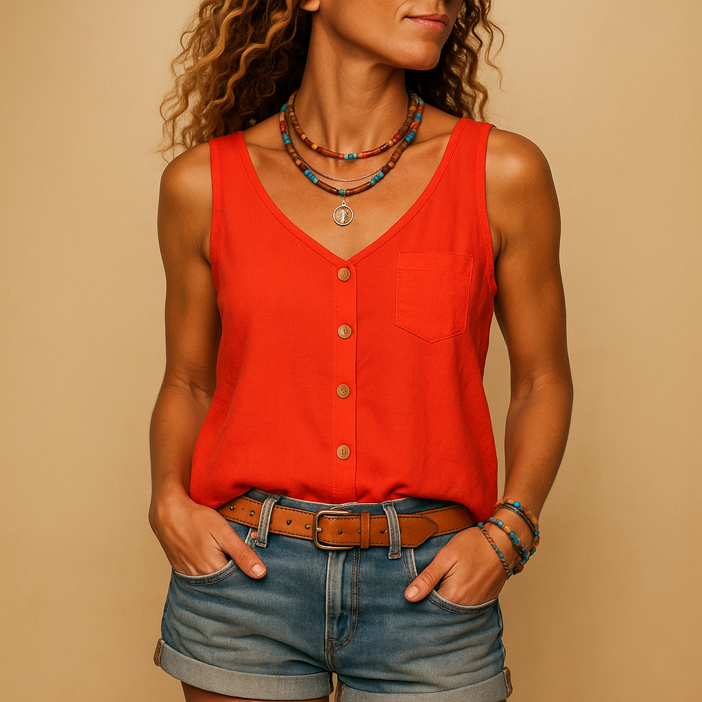 Sleeveless V-neck summer top for women with loose fit and vibrant colors, perfect for warm days and casual wear.