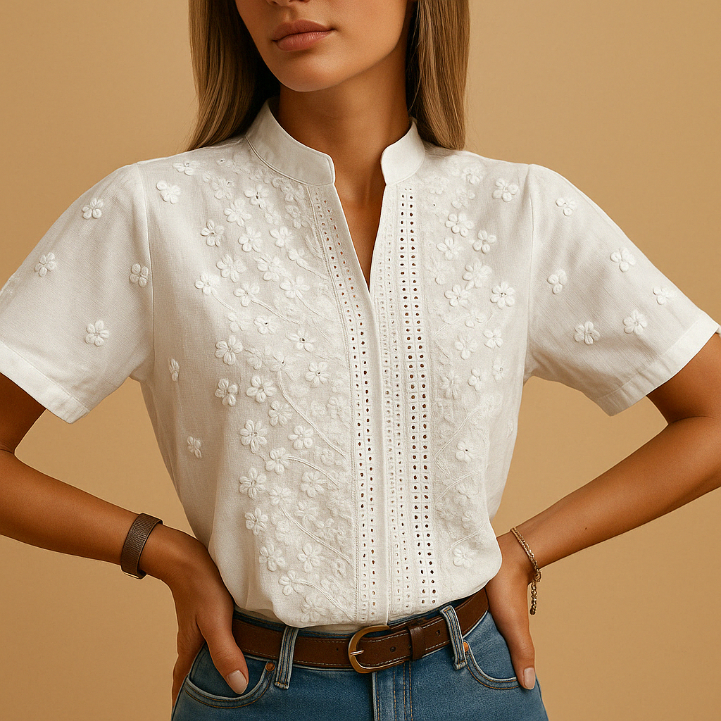 White elegant blouse for women with classic collar and tailored fit, perfect for work, casual days, and evenings out.