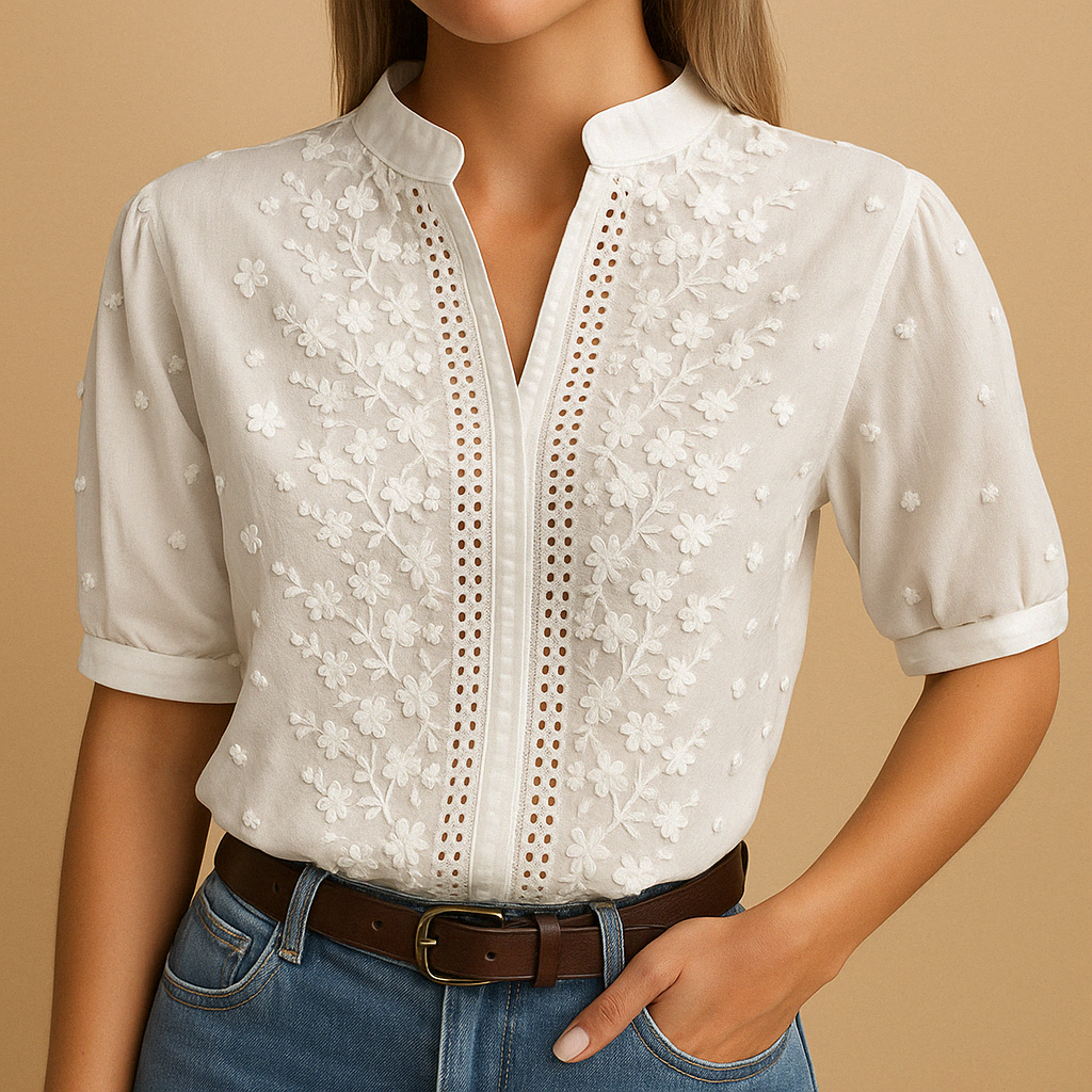 White elegant blouse for women with classic collar and tailored fit, perfect for work, casual days, and evenings out.