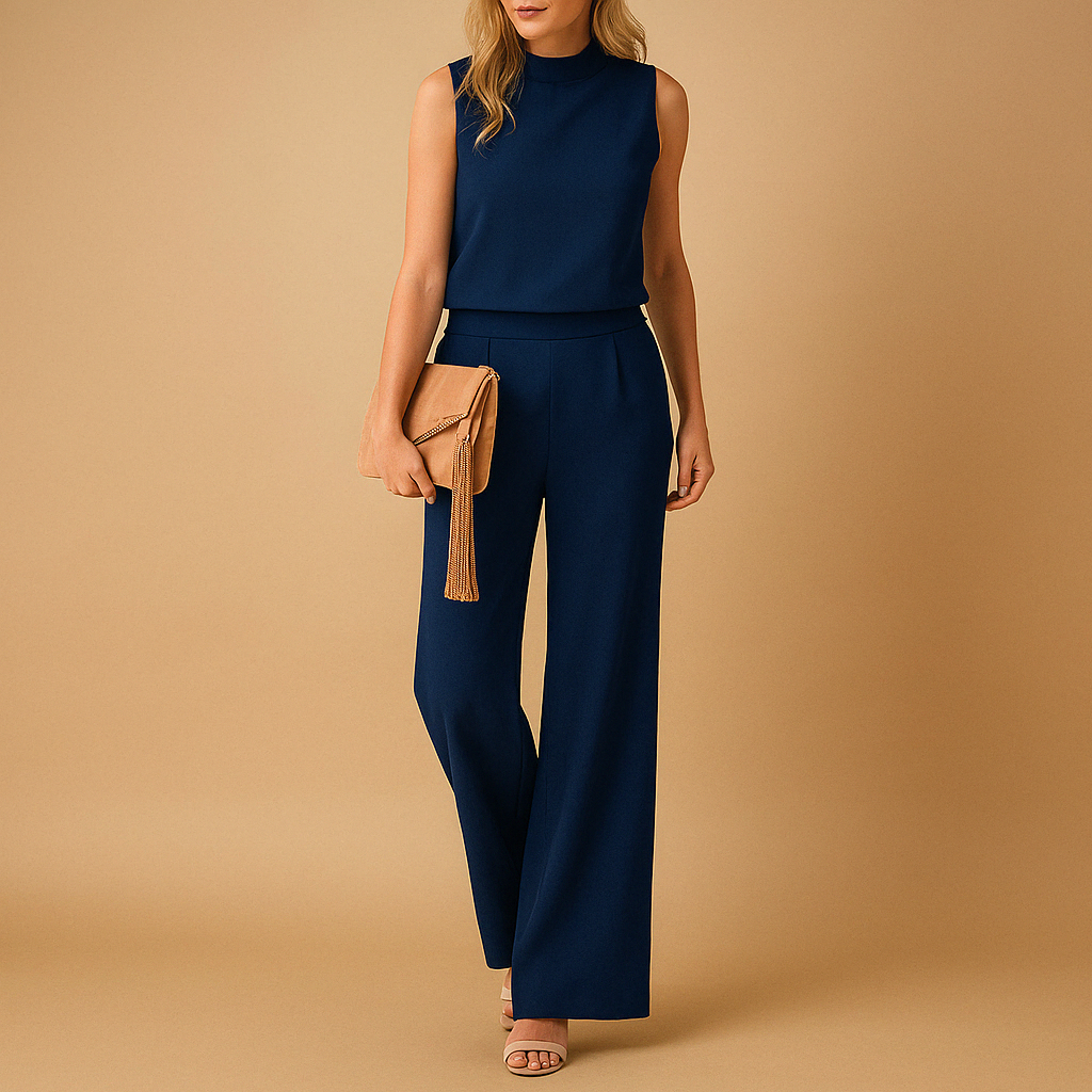 Elegant wide-leg jumpsuit for women with round neckline and mid-waist fit, perfect for work, evenings, or formal occasions.