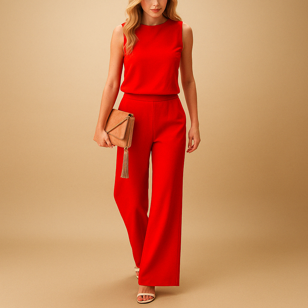 Elegant wide-leg jumpsuit for women with round neckline and mid-waist fit, perfect for work, evenings, or formal occasions.