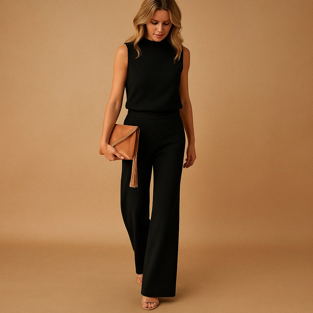 Elegant wide-leg jumpsuit for women with round neckline and mid-waist fit, perfect for work, evenings, or formal occasions.